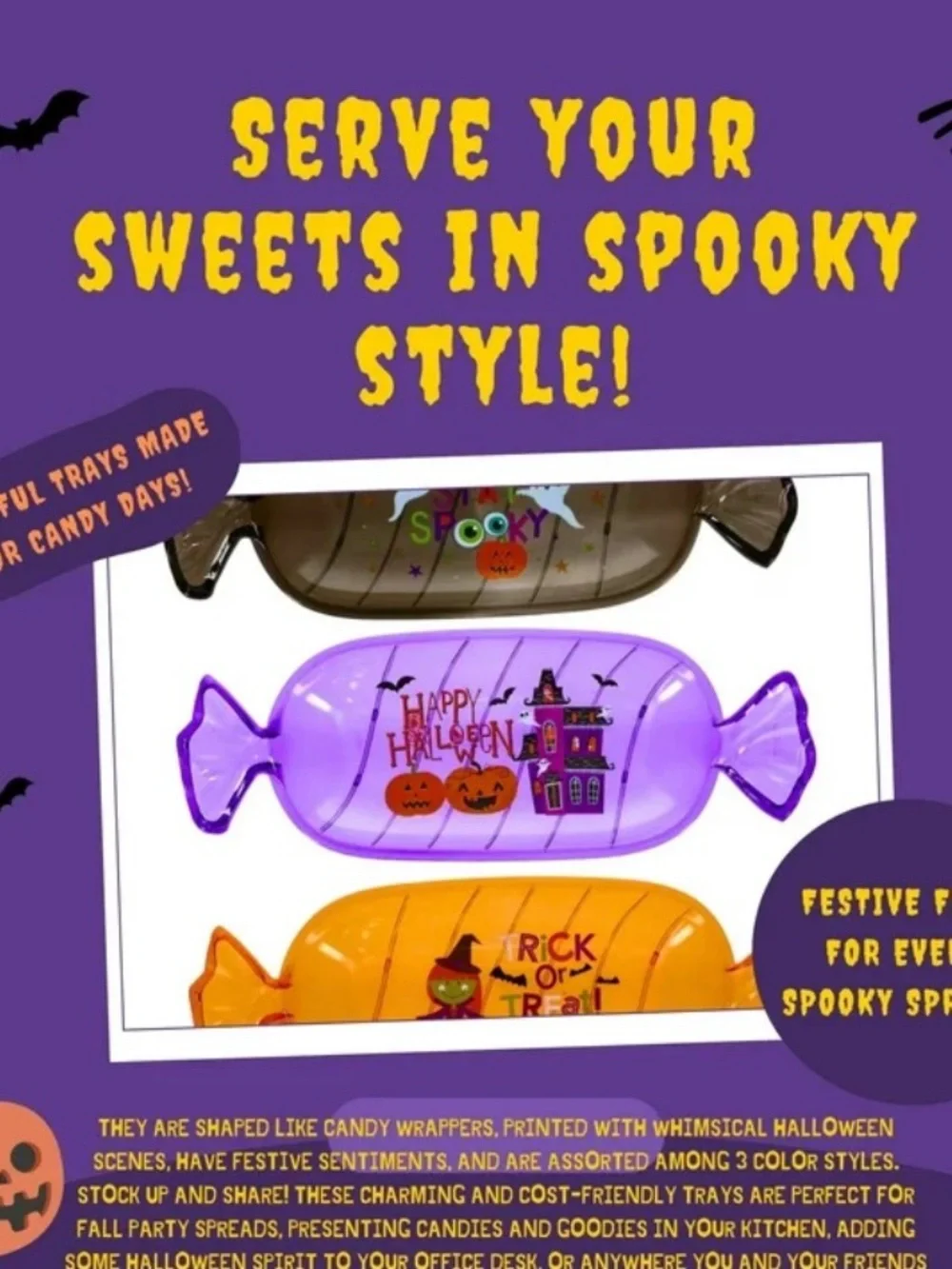 Halloween Candy-Shaped Serving Trays - Orange, Purple, Black by
